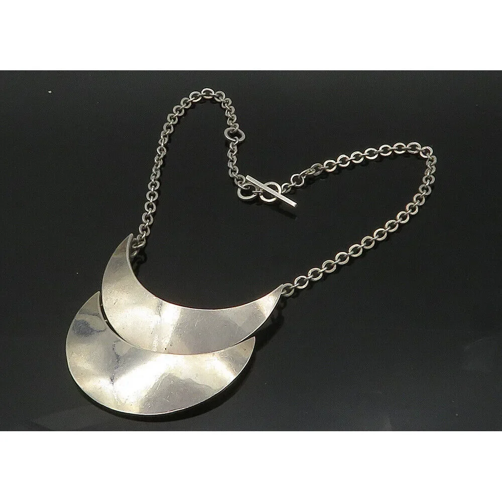 925 Sterling Silver Vintage Shiny Crescent Shaped Chain Necklace NE3456 - Picture 2 of 5